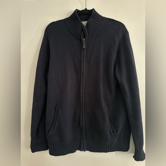 LL bean Mens XL Full Zip Sweater Cardigan Navy 100% Cotton Pockets Mock Collar. - Picture 1 of 12